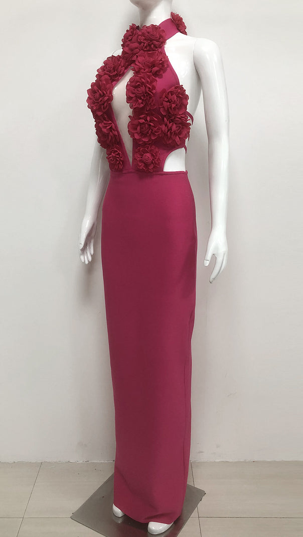 AIIZIE FUCHSIA HALTER NECK BANDAGE MAXI DRESS - product image