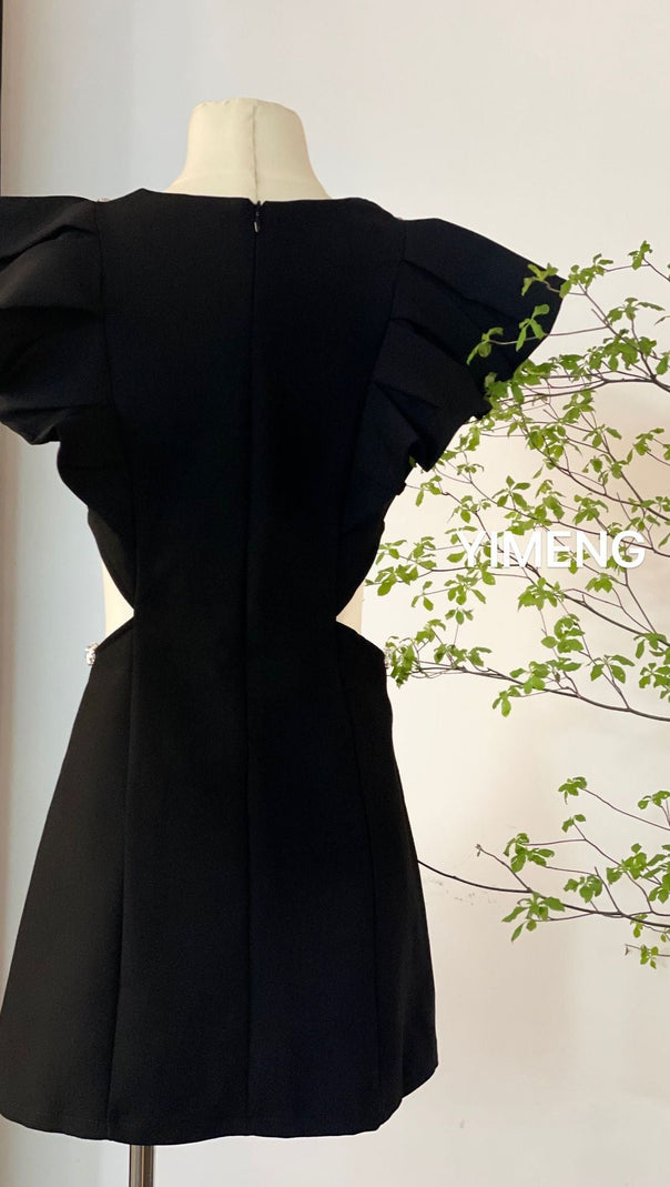 AIIZIE THREE-DIMENSIONAL RUFFLE RHINESTONE HOLLOW MINI DRESS IN BLACK - product image