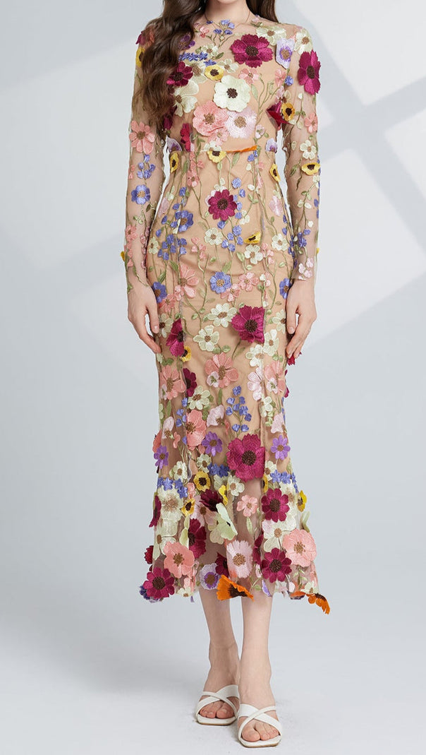 AIIZIE CAROL BROWN FLORAL EMBROIDERY MESH LONG SLEEVE MIDI DRESS - product image