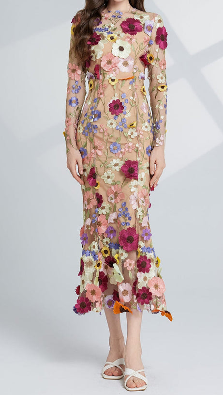 CAROL BROWN FLORAL EMBROIDERY MESH LONG SLEEVE MIDI DRESS