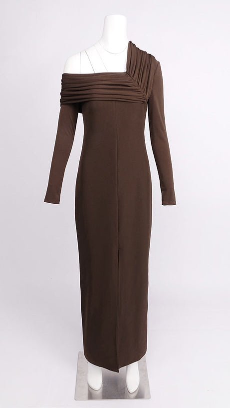 maud One-shoulder pleated high-slit maxi dress - brown