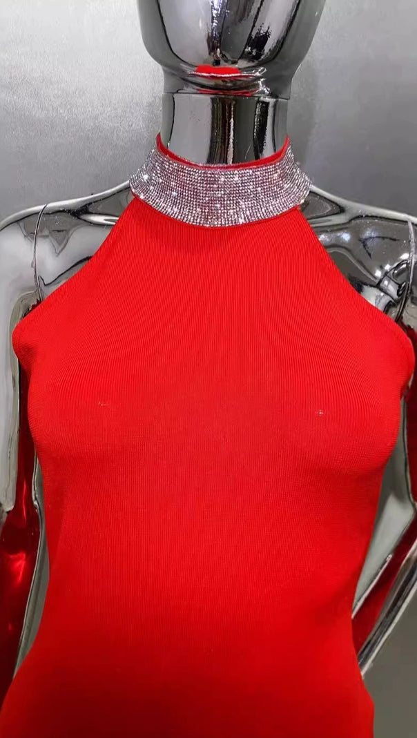 AIIZIE HEDWIG CRYSTAL HALTER SLEEVELESS BODYCON MAXI DRESS IN RED - product image