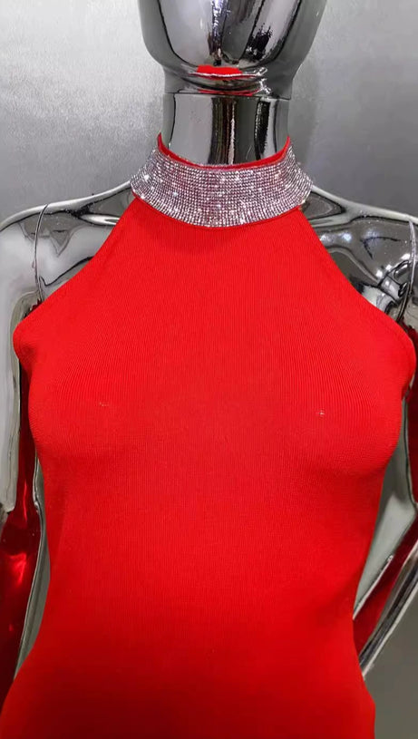 HEDWIG CRYSTAL HALTER SLEEVELESS BODYCON MAXI DRESS IN RED