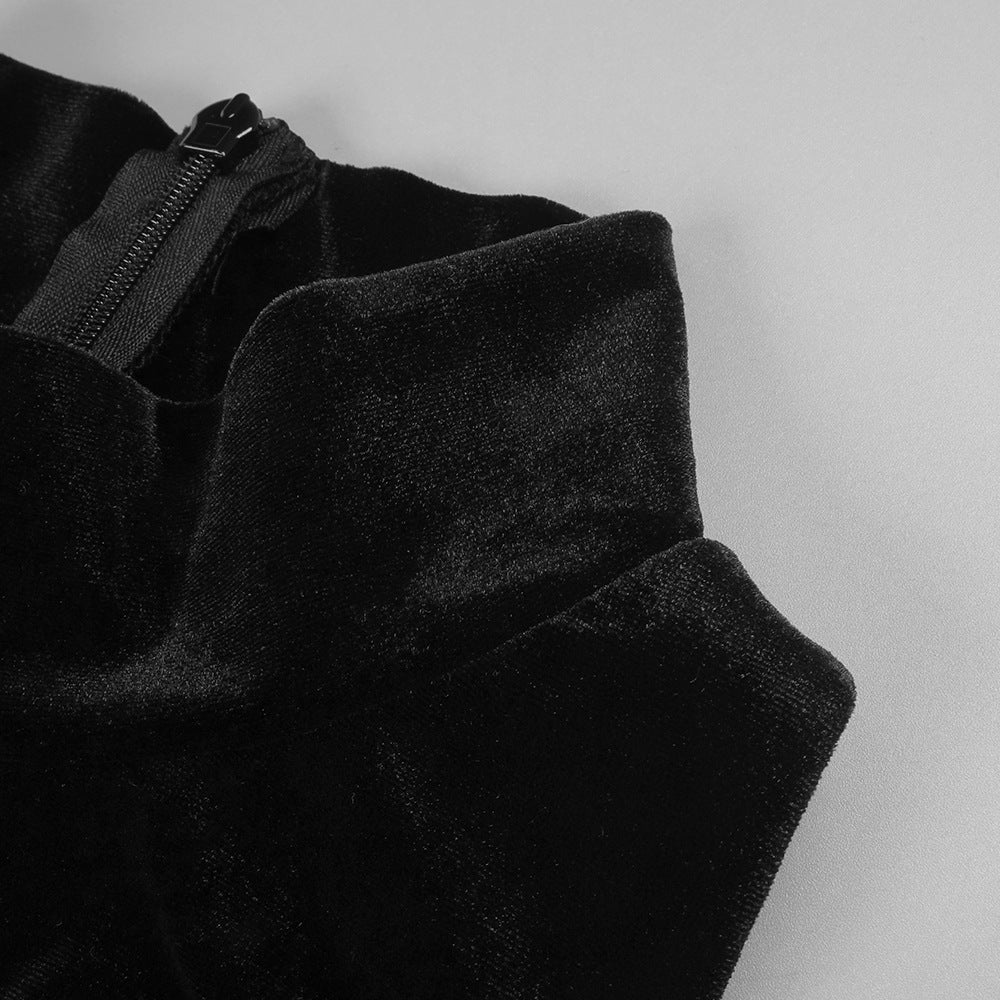 ABITO LUNGO IN PATCHWORK DI VELLUTO E RETE NERO
