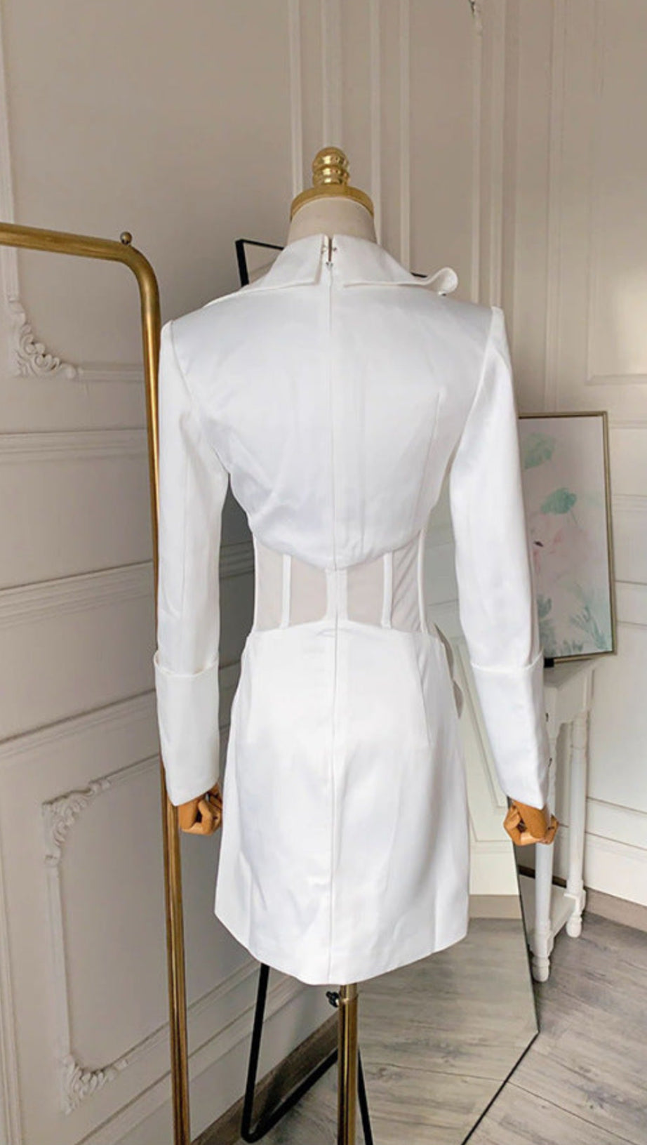 ALYSSA DEEP V SEE-THROUGH FISHBONE PLEATED HIP BLAZER MINI DRESS IN WHITE