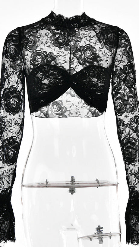 TOP CORTO IN PIZZO FLOREALE NERO