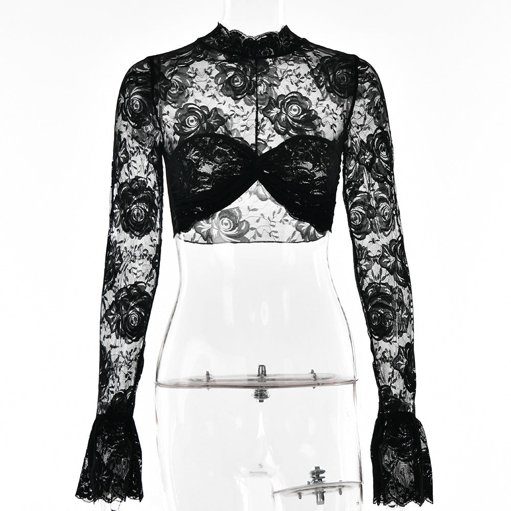 AIIZIE FLORAL CROP LACE TOP IN BLACK - product image