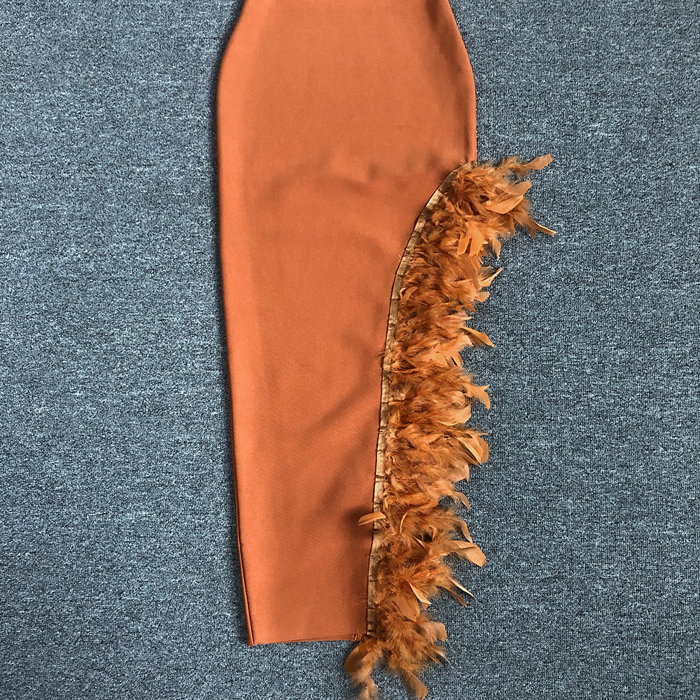 OSTRICH FEATHER BANDAGE DRESS WITH V-NECKLINE IN BROWN