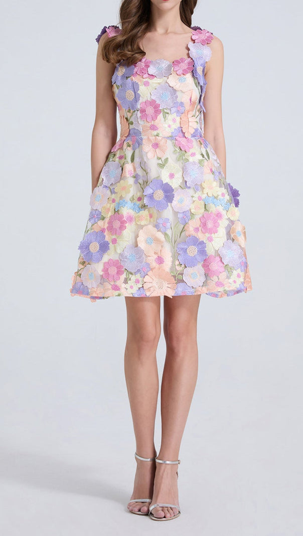 AIIZIE GEORGIA 3D FLORAL LACE MINI DRESS IN PURPLE - product image