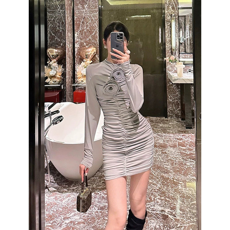 PENNY 3D FLORAL SOLID JERSEY MINI DRESS IN GREY