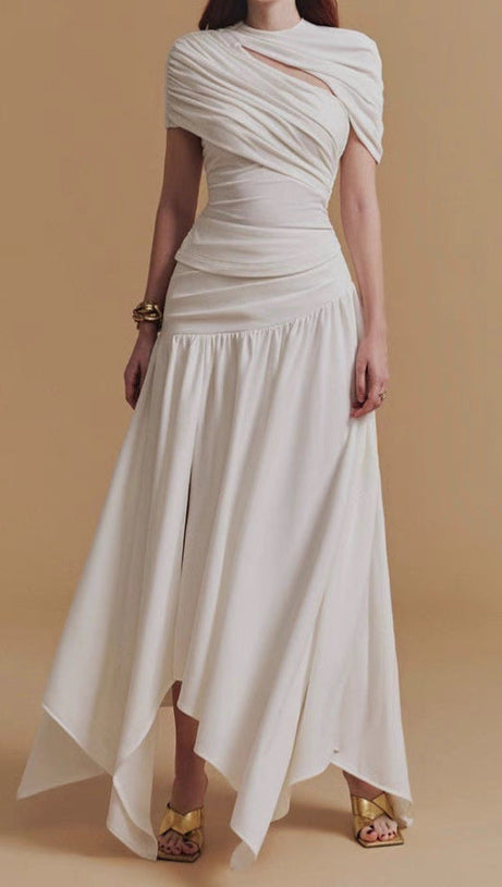 CASSIA – Asymmetrisches Midirock-Set mit gerüschtem Oberteil in Weiß