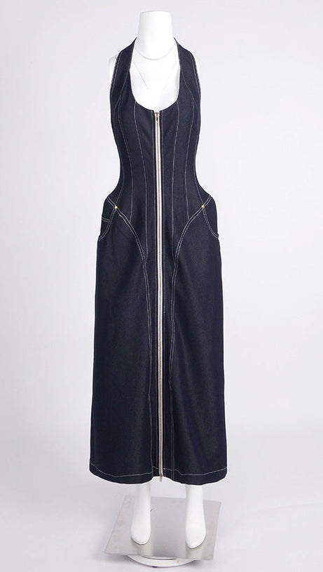 ABITO MIDI CON CORSETTO E HALT IN DENIM BLU NAVY