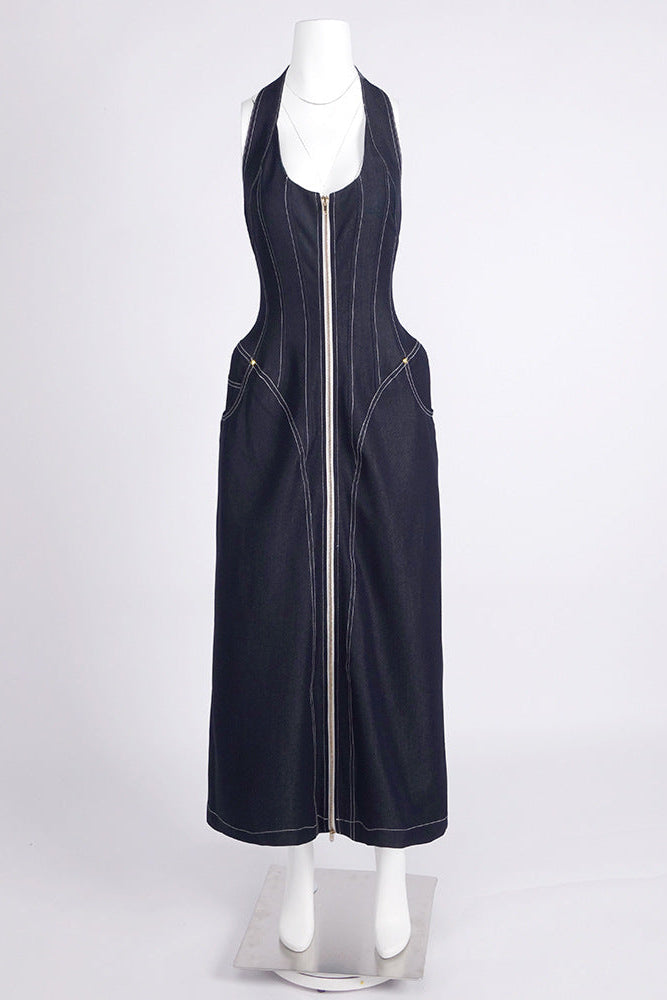 HALTERED CORSETED MIDI DRESS DENIM IN NAVY BLUE
