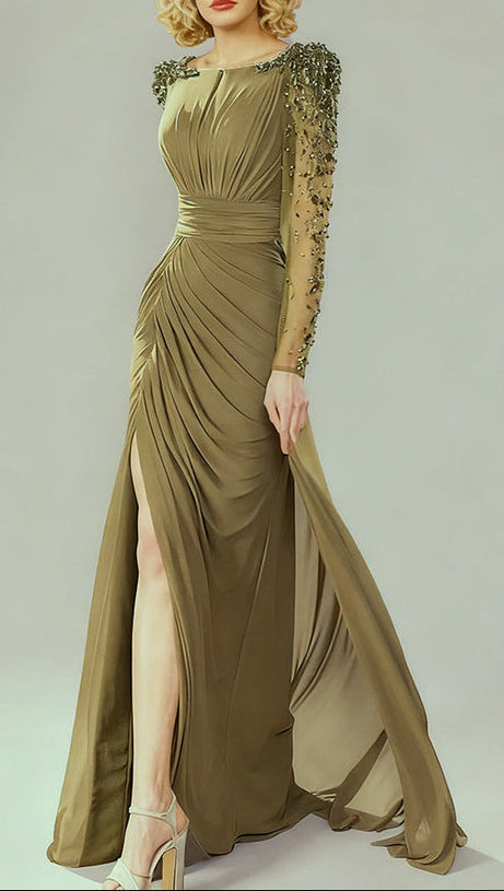 nail bead set with diamonds small trailing long dress olive green