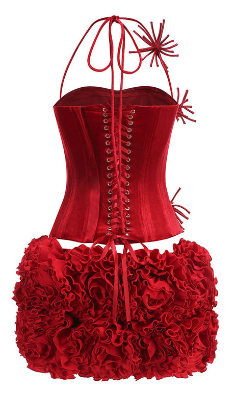 COMPLETO CON MINIGONNA FLOREALE E CORSETTO IN VELLUTO ROSSO