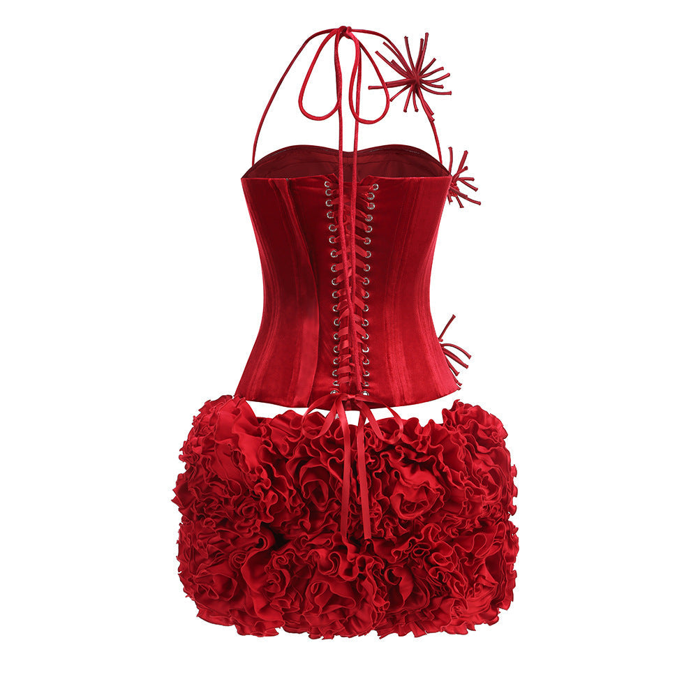 AIIZIE VELVET CORSET FLORAL MINI SKIRT SUIT IN RED - product image