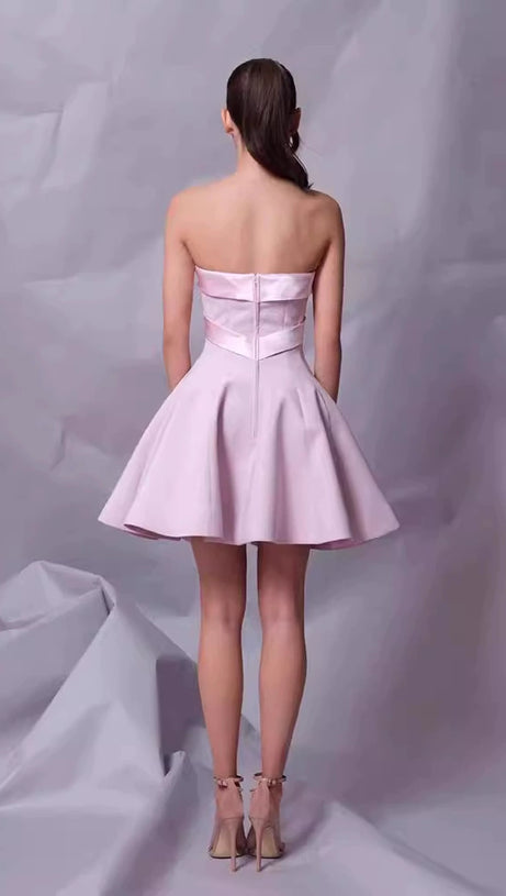 BOW STRAPLESS MINI DRESS IN PINK
