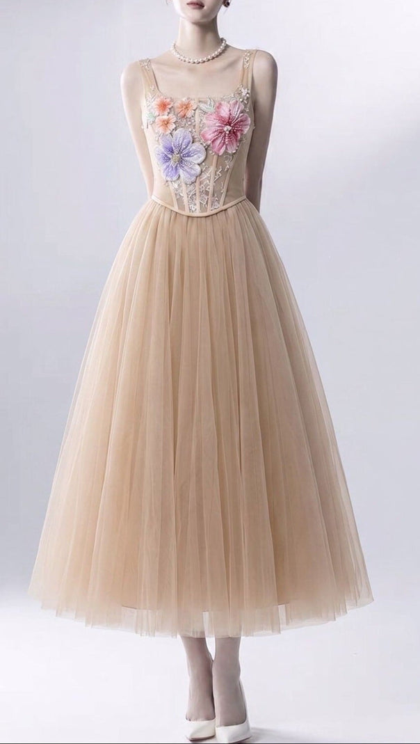 3D floral camisole top & tulle skirt set -  champagne