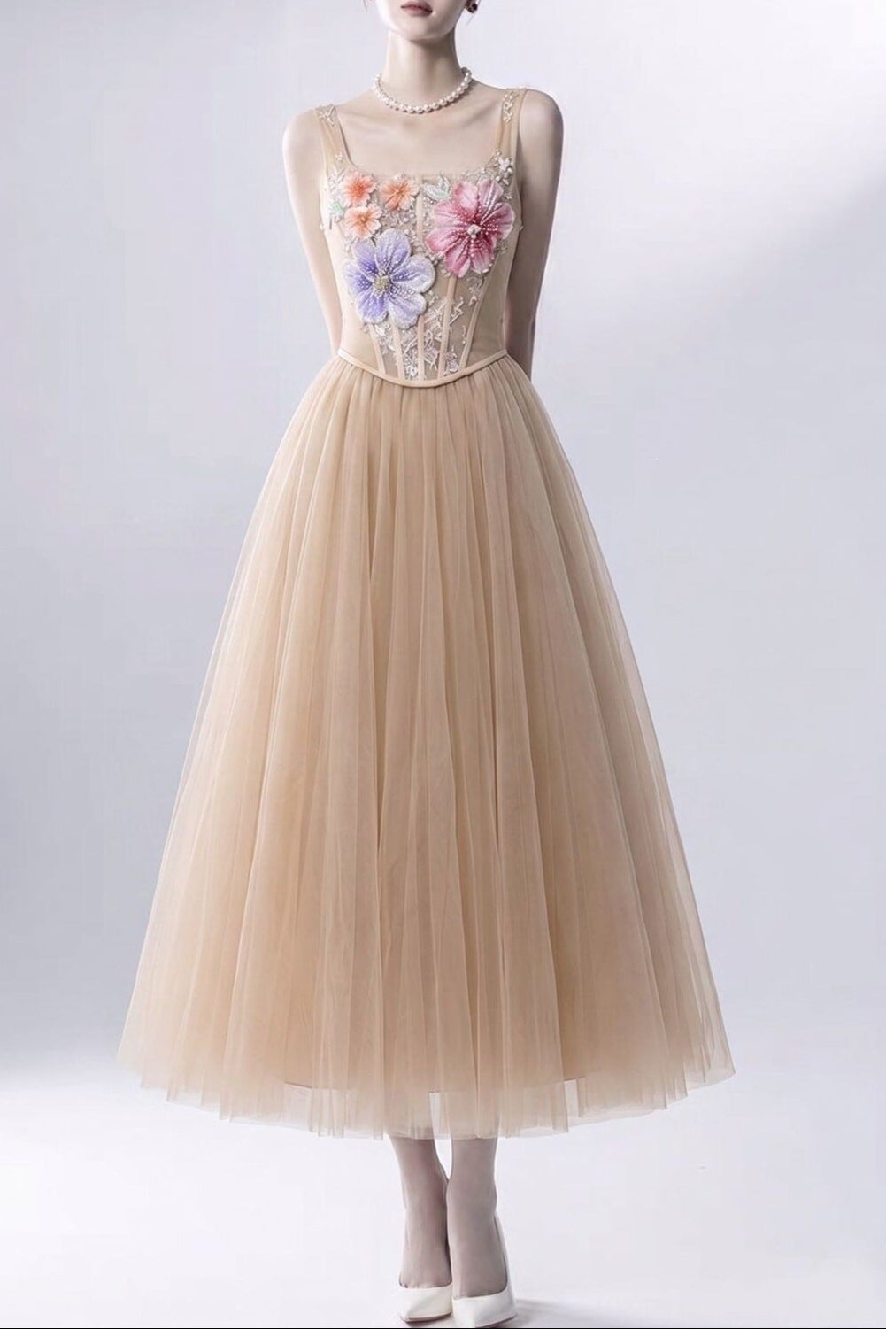 3D floral camisole top & tulle skirt set -  champagne