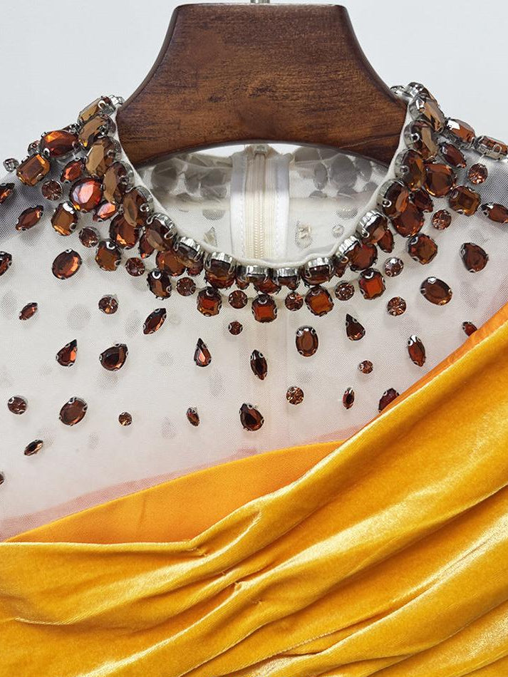 Mesh-paneled beaded rhinestone-embellished maxi dress - yellow