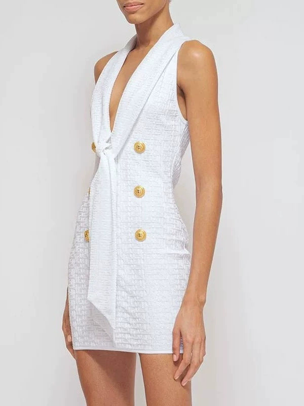 EVELYN JACQUARD-MINIKLEID MIT SCHALKRAGEN UND MONOGRAMM IN WEISS