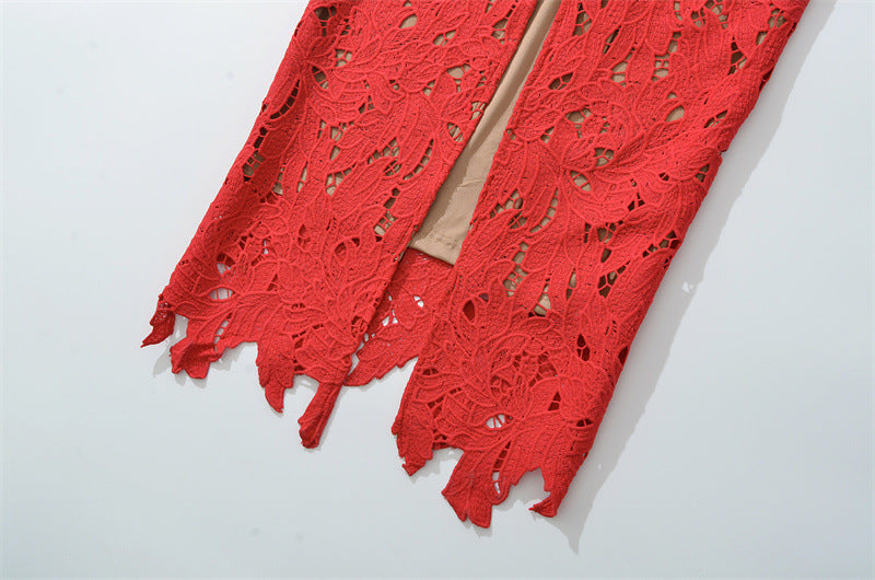 ABITO LUNGO IN PIZZO RICAMATO CON FIOCCO E CINTURINI HERMOSA ROSSO