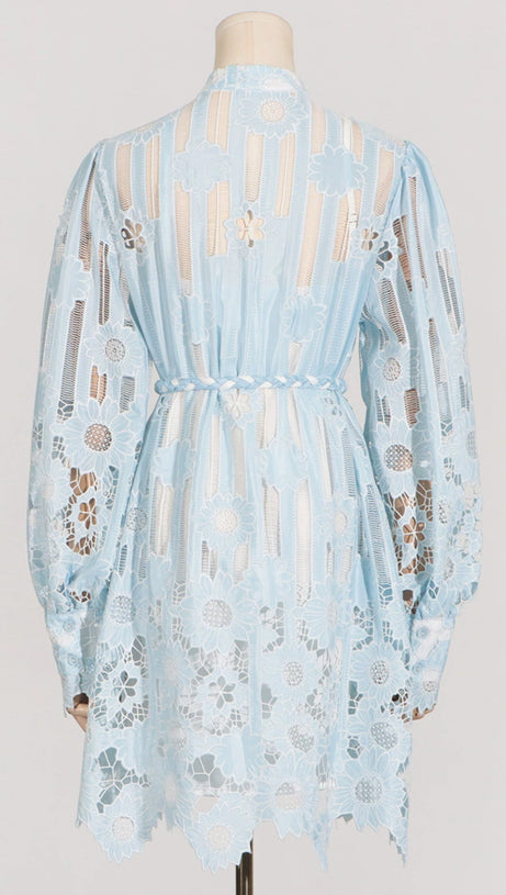 JETSETTER HOLLOW LONG SLEEVE MINI DRESS IN BLUE