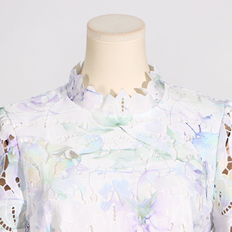 ABITO MIDI IN PIZZO CON MANICHE A SBUFFO E COLLO ALTO, BIANCO