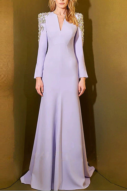 Lavender Beaded Mermaid Gown with Crystal Shoulder Accents