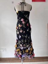 Halter Embroider Floral midi Dress in black