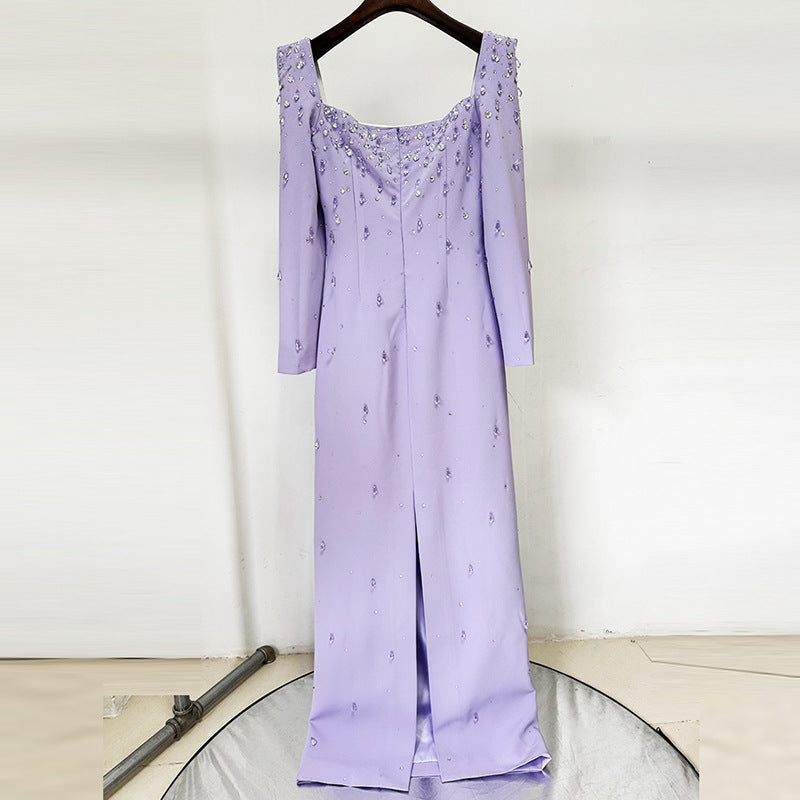 Purple Square Neck Long Sleeve Crystal Maxi Dress