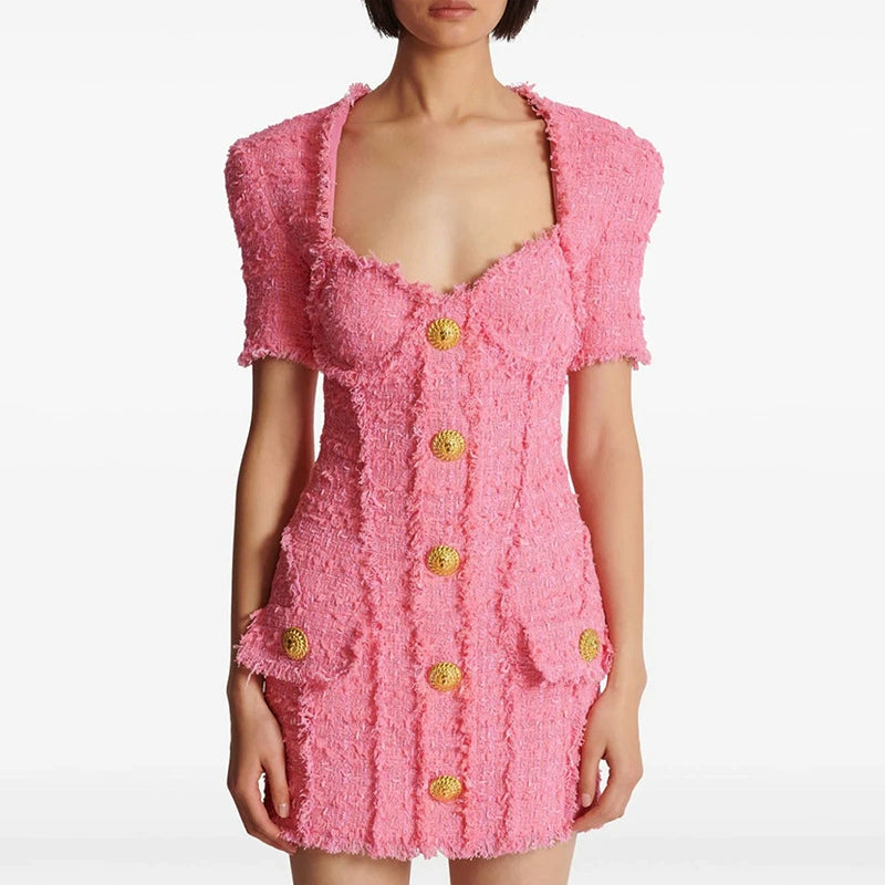 ABITO MINI IN TWEED ROSA SELENA CON 7 BOTTONI