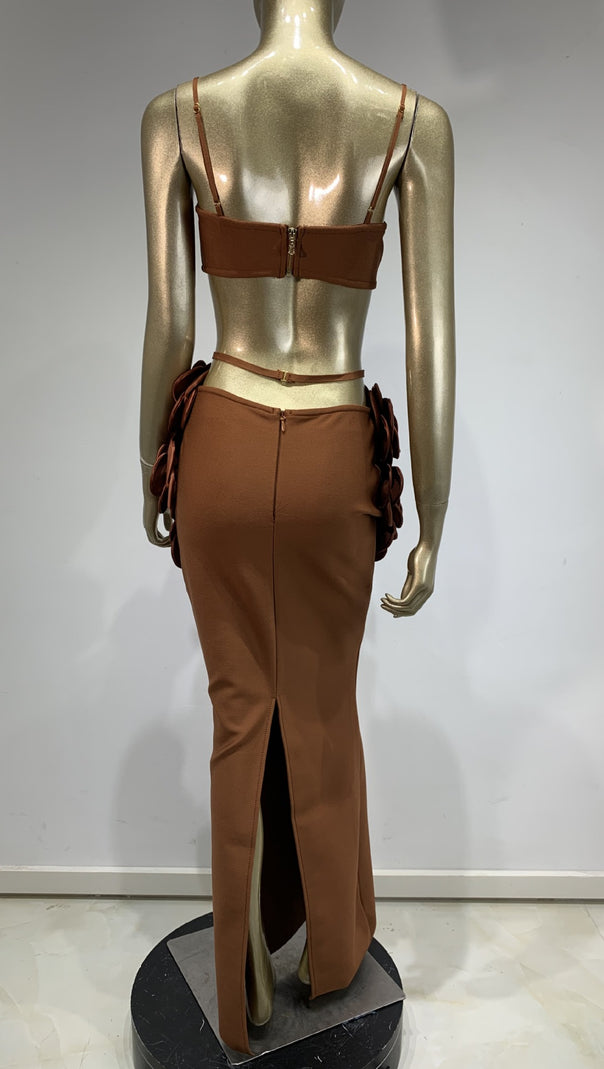 AIIZIE BROWN FLOWERED TOP AND LONG MIDI SKIRT SET - product image