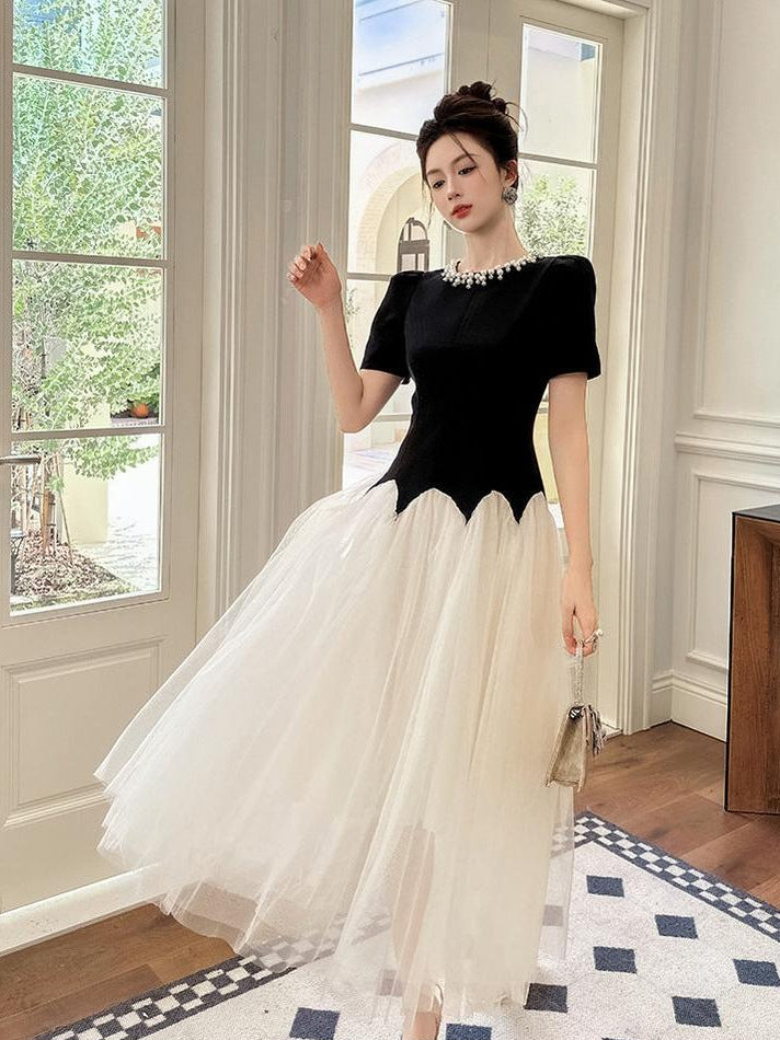 AIIZIE leona black-white Two-Tone rhinestone neck tulle maxi Dress - product image