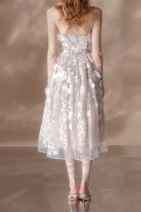 ANNA CRYSTAL FLORAL EMBROIDERY MIDI DRESS IN WHITE