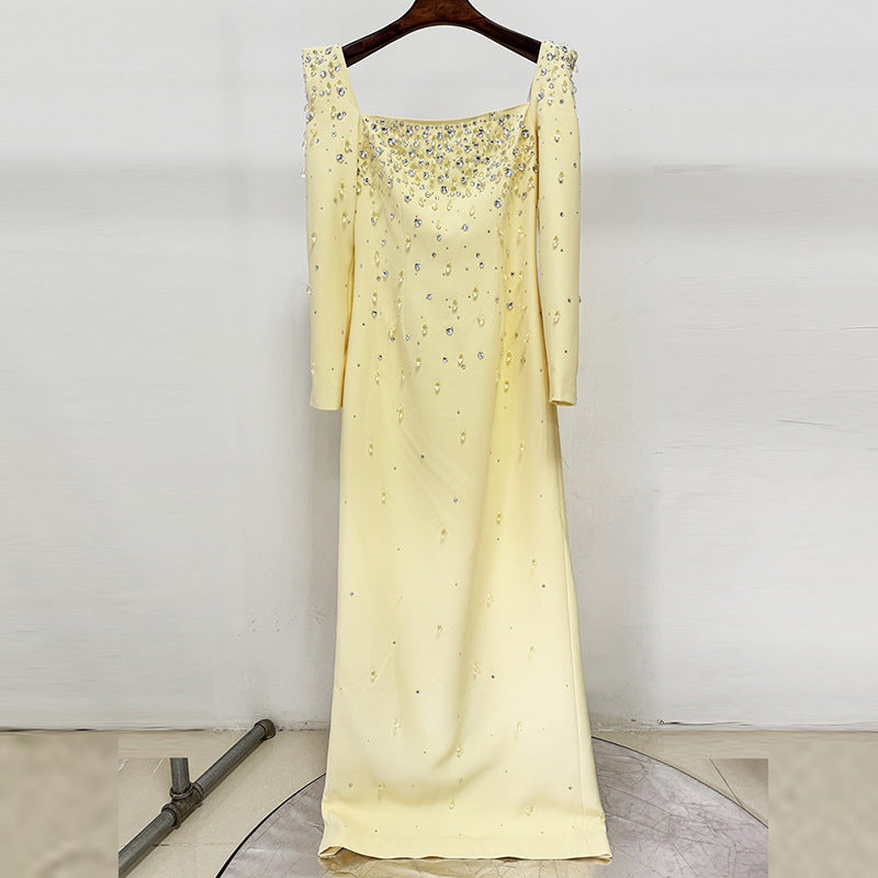 Purple Square Neck Long Sleeve Crystal Maxi Dress