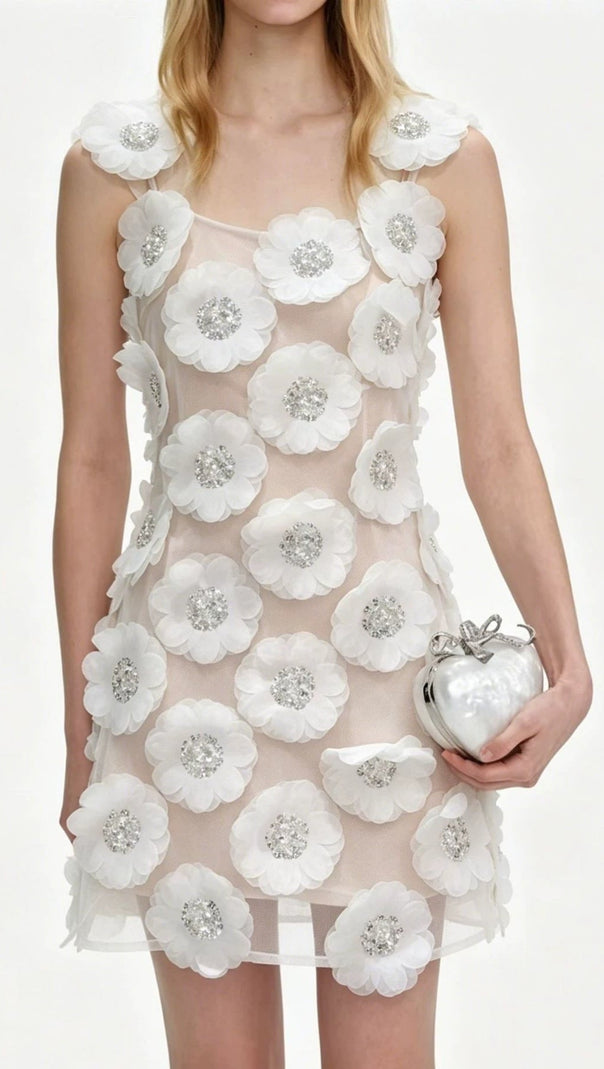 lola Rhinestone 3D Flowers mini dress - white