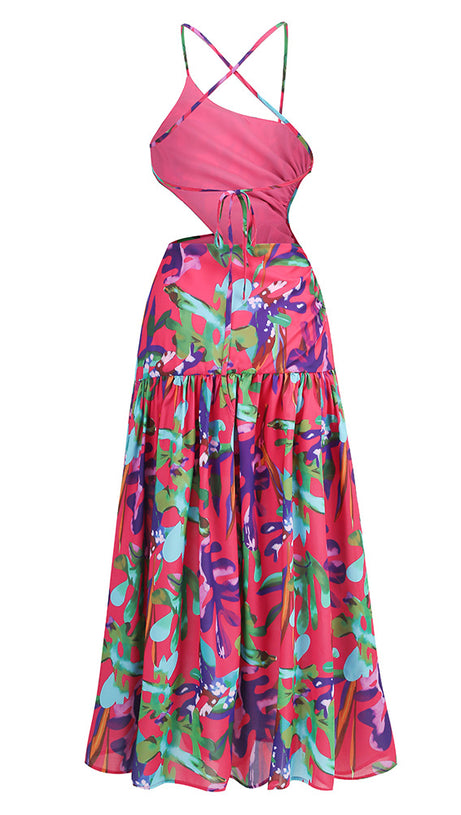 Lila bedrucktes Midikleid mit offenem Rückenschlitz und ausgehöhlter Vorderseite