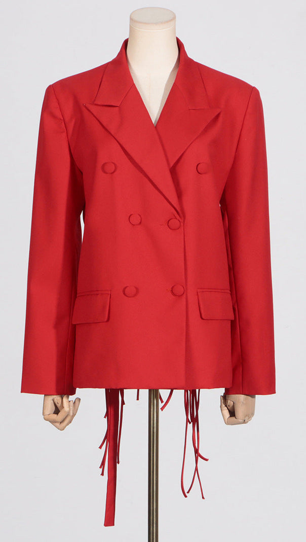 AIIZIE VIENNA CUTOUT FRINGE BACKLESS BLAZER IN RED - product image