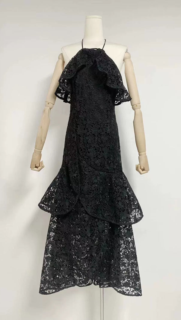 AIIZIE LYNN GARDENIA GUIPURE LACE RUFFLE GOWN IN BLACK - product image