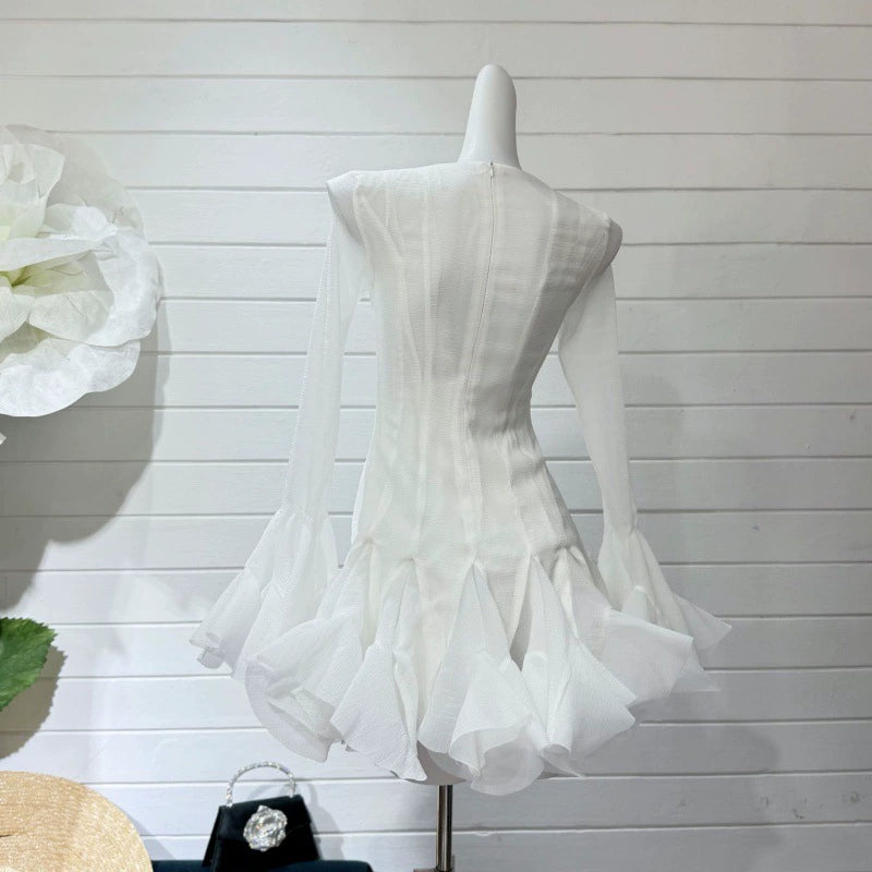 AGATHA WHITE SEMI-SHEER FLARED MINI DRESS