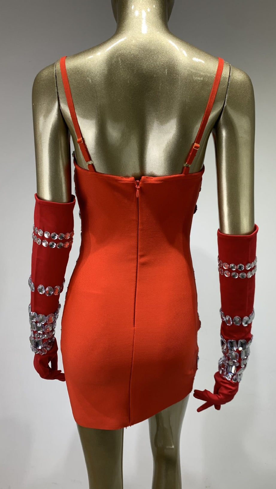 CRYSTAL EMBELLISHED BANDAGE DRESS WITH GLOVES IN RED