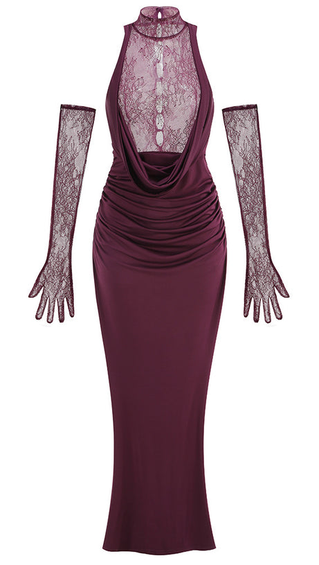 PURPLE RED HALTER NECK LACE - BACK MAXI DRESS WITH GLOVES