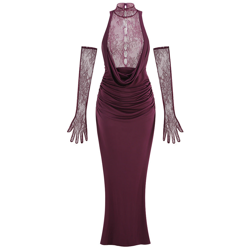 AIIZIE PURPLE RED HALTER NECK LACE - BACK MAXI DRESS WITH GLOVES - product image