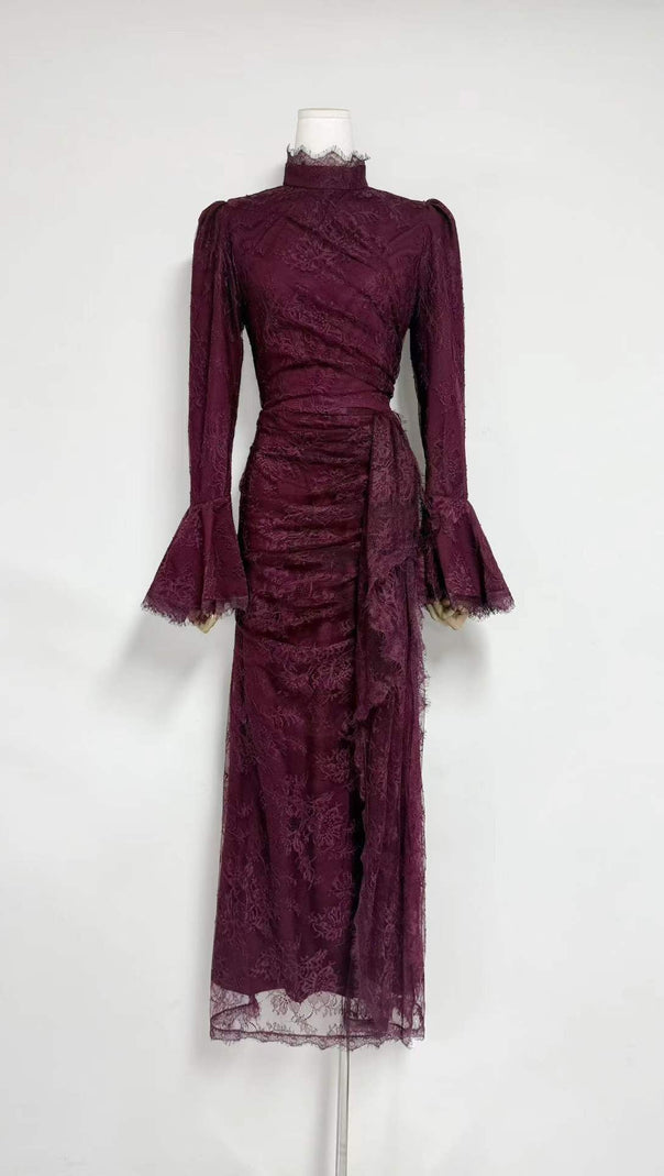 AIIZIE Victoria Lantern-Sleeve Lace-Trim Maxi Dress in Burgundy - product image