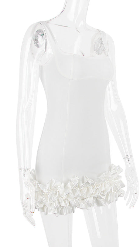 WHITE RUFFLE SATIN DRESS
