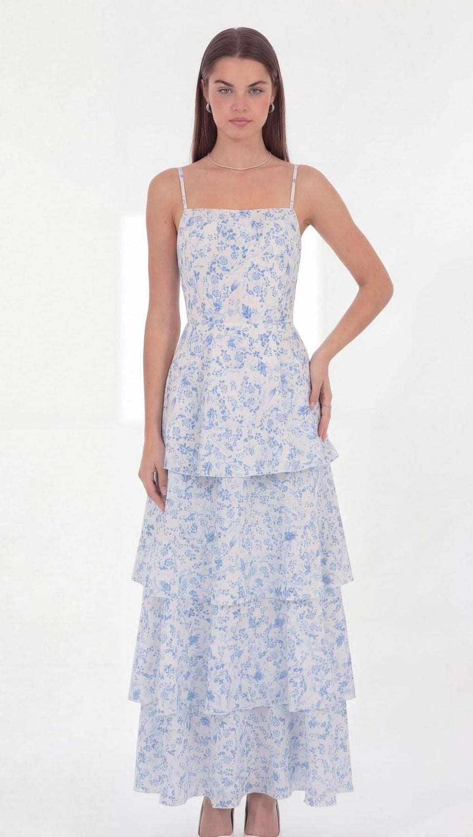 eileen floral print layer strappy maxi dress - blue