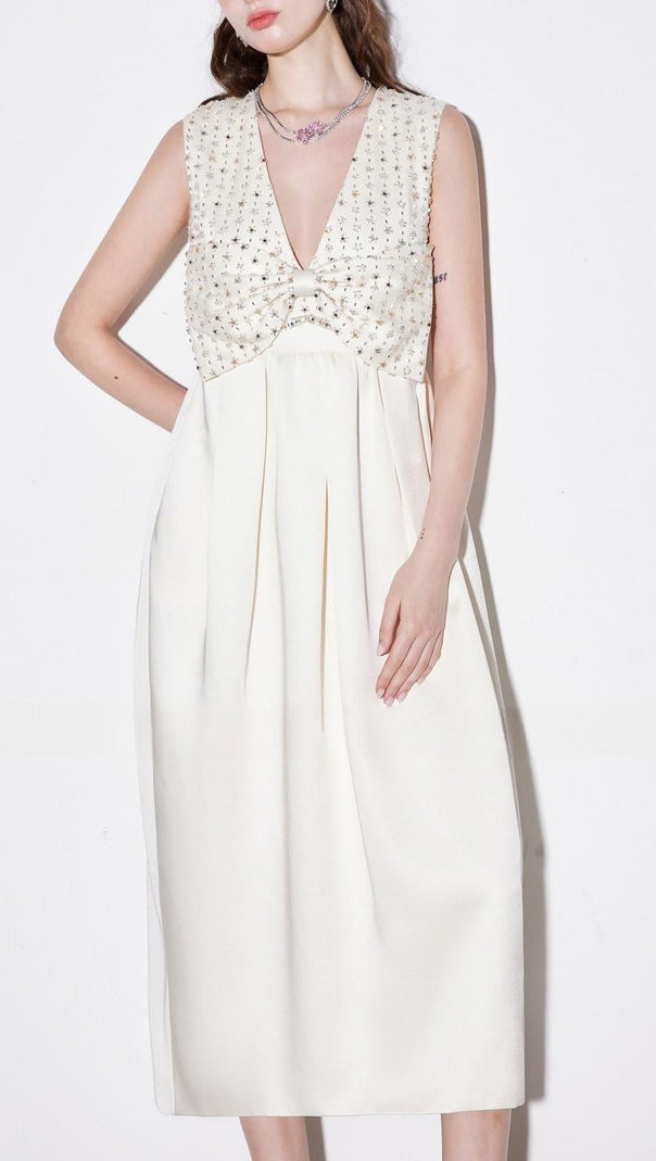 AIIZIE alva v-neck rhinestone embroidery satin maxi Dress in white - product image