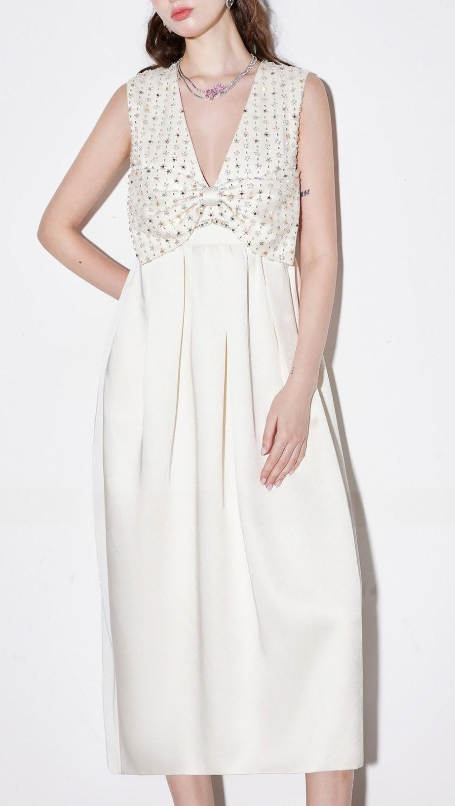 alva v-neck rhinestone embroidery satin maxi Dress in white