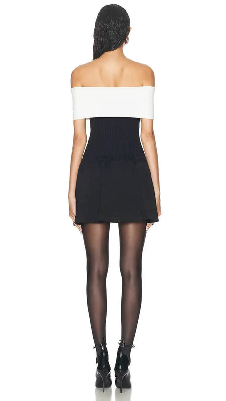 BLACK OFF-SHOULDER KNIT BOW MINI DRESS